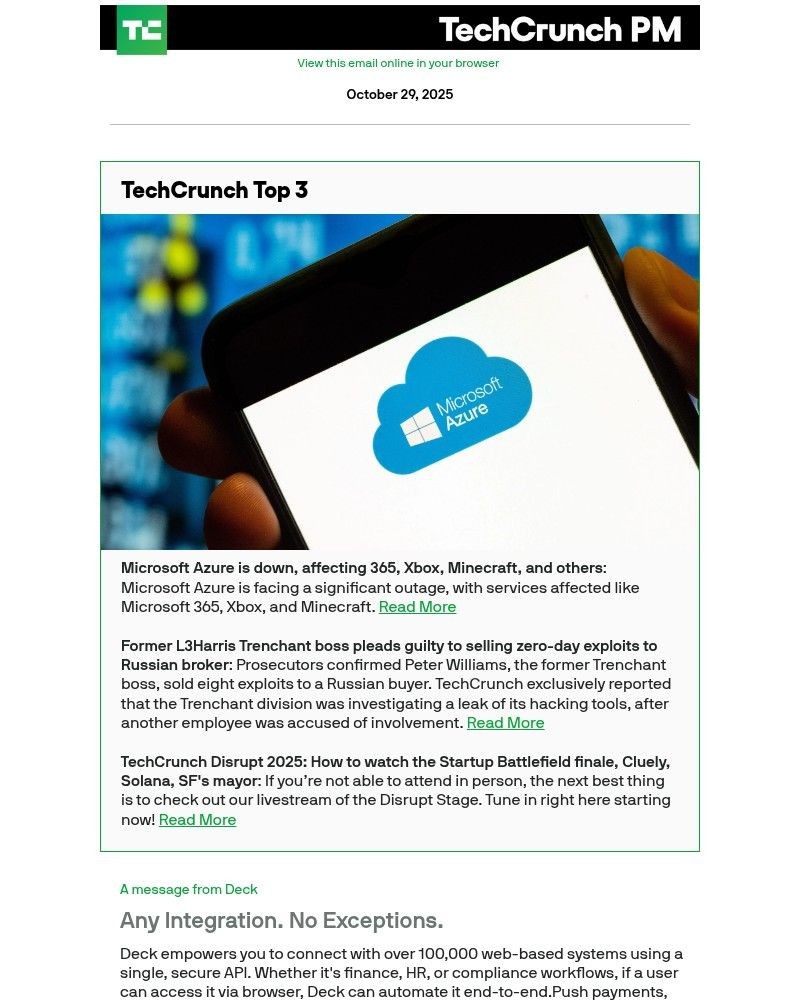 Screenshot of email sent to a Techcrunch Newsletter subscriber