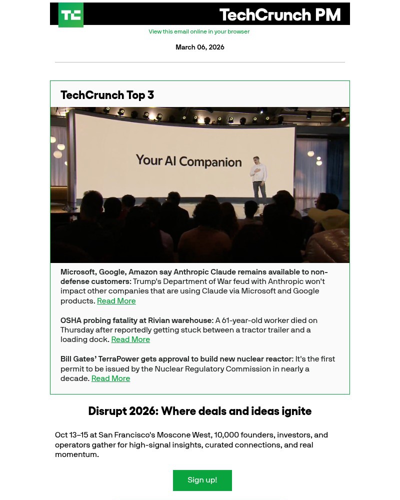Screenshot of email sent to a Techcrunch Newsletter subscriber
