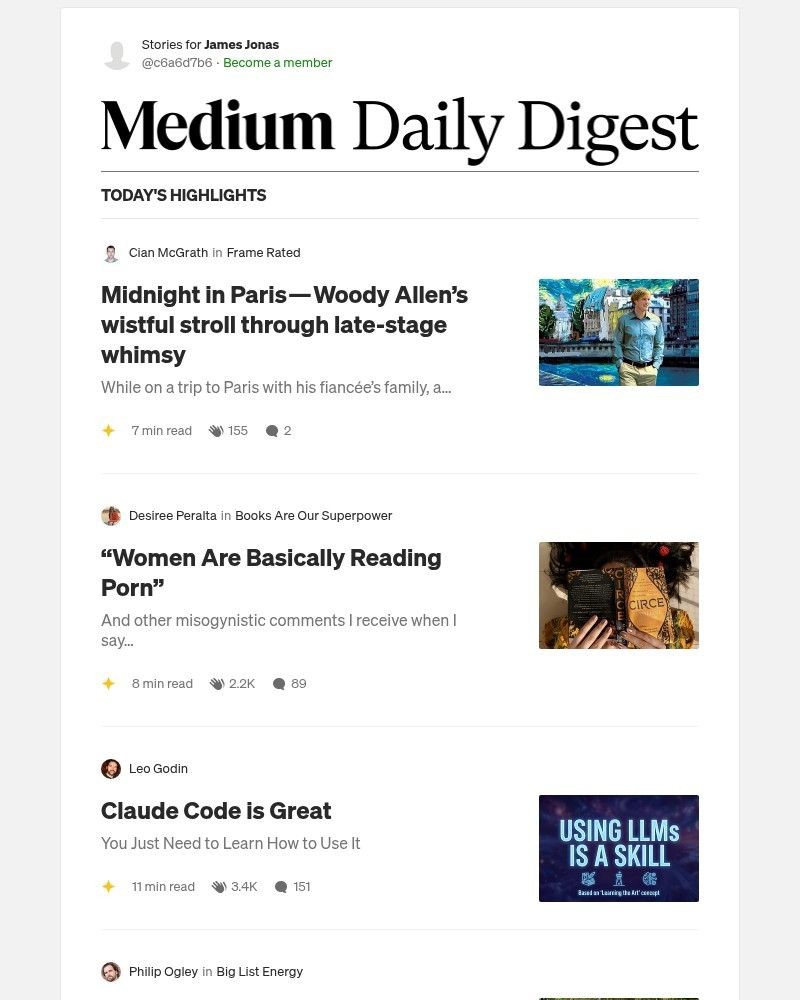 Screenshot of email sent to a Medium Registered user