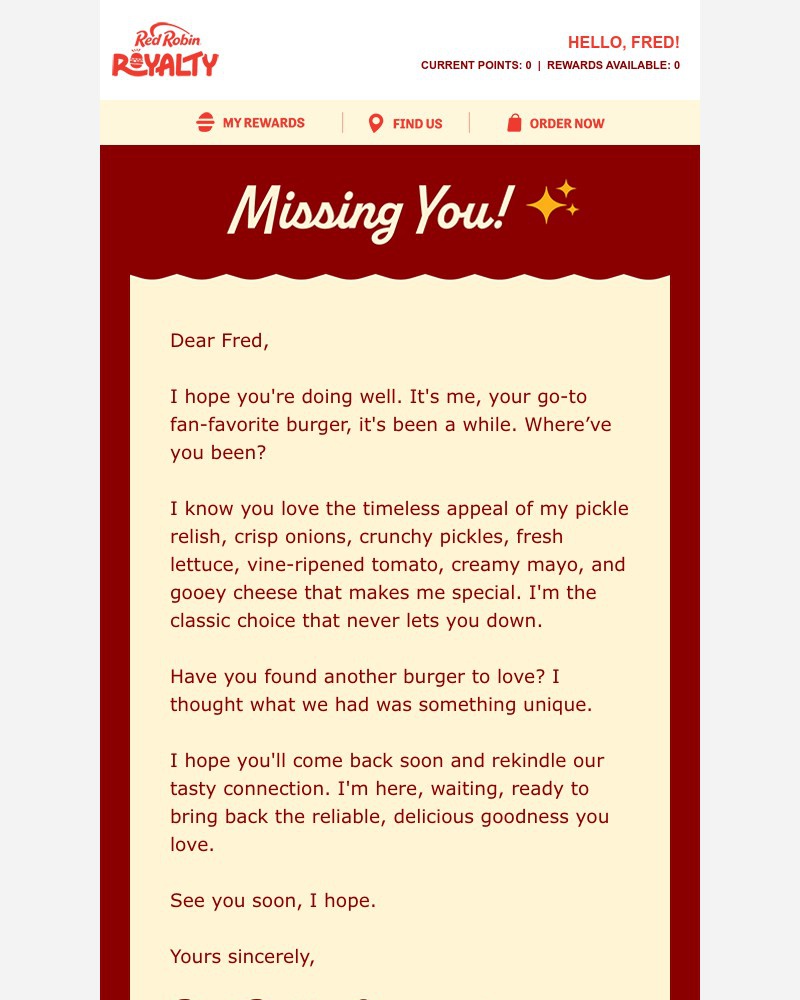 Screenshot of email sent to a Red Robin Registered user