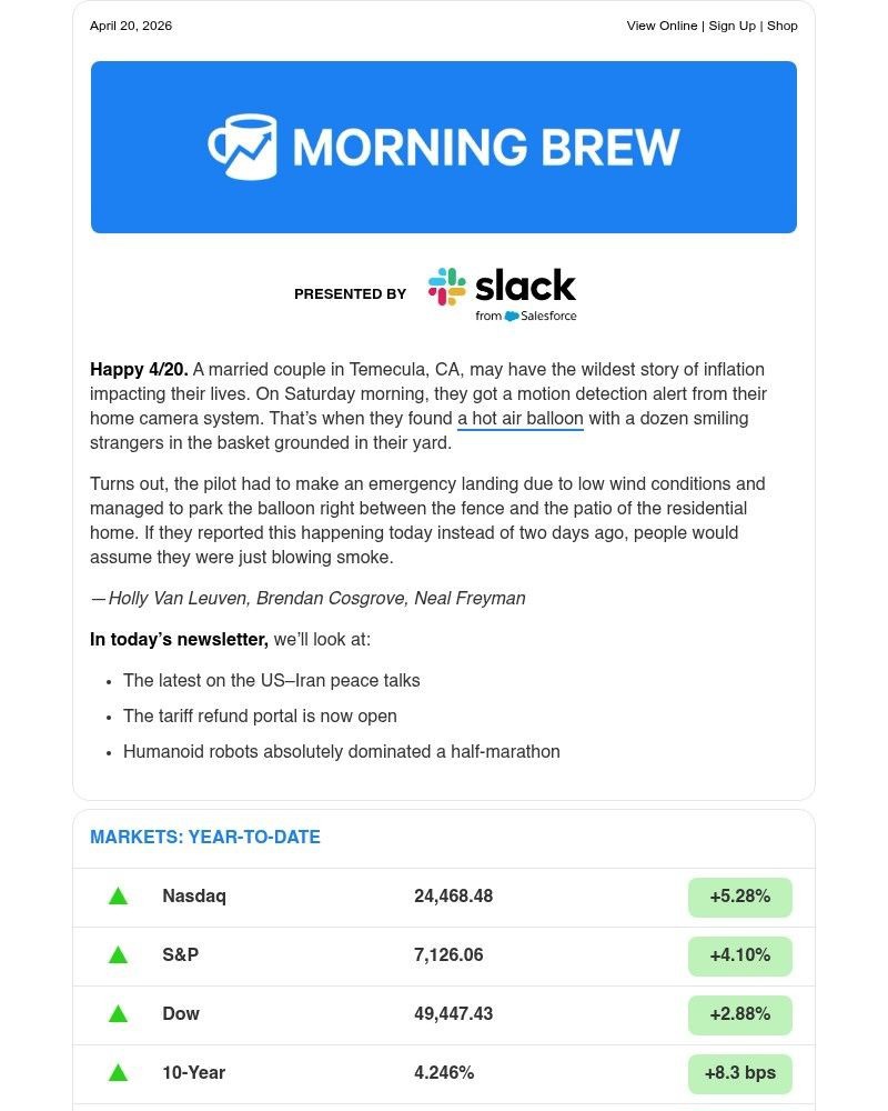 Screenshot of email sent to a Morning Brew Newsletter subscriber