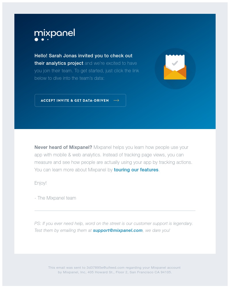 Screenshot of email sent to a Mixpanel Invited user