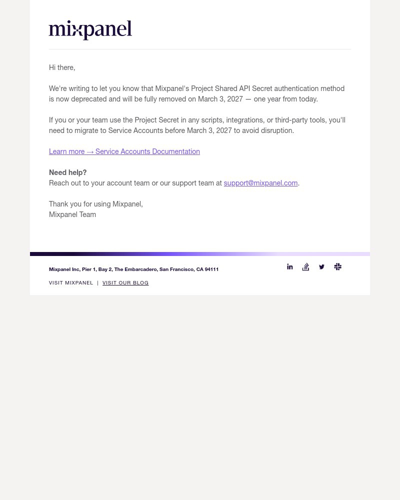 Screenshot of email sent to a Mixpanel Invited user