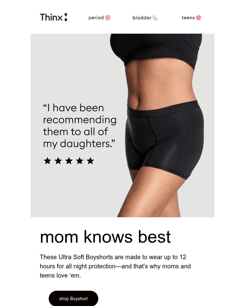 Screenshot of email sent to a Thinx Newsletter subscriber