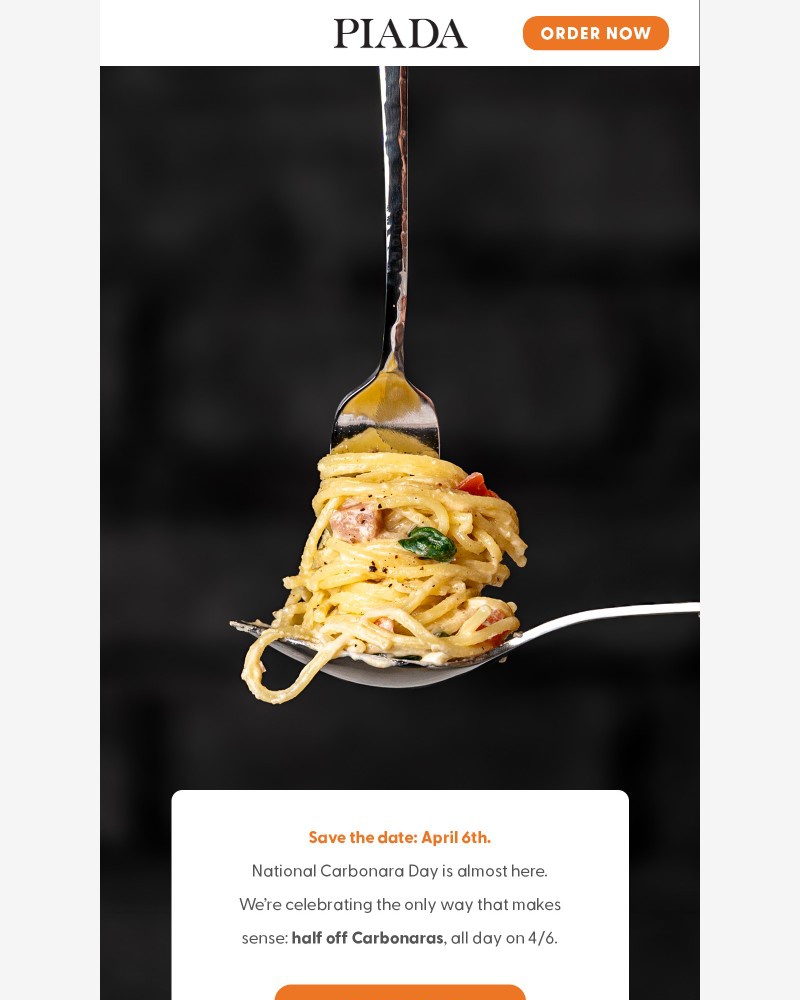 Screenshot of email sent to a Piada Italian Street Food Newsletter subscriber