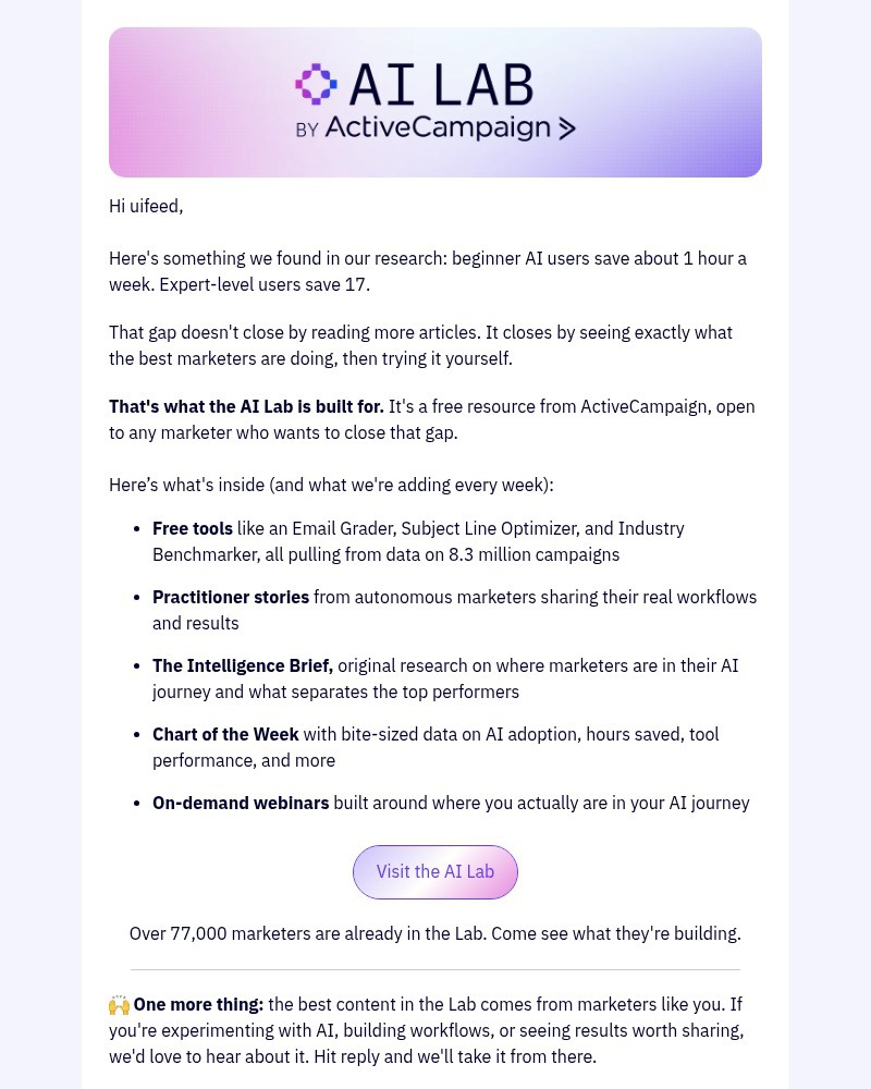 Screenshot of email sent to a ActiveCampaign Customer