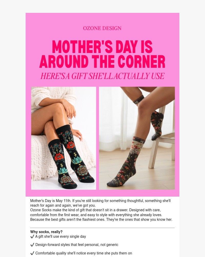 Screenshot of email sent to a Ozone Socks Newsletter subscriber