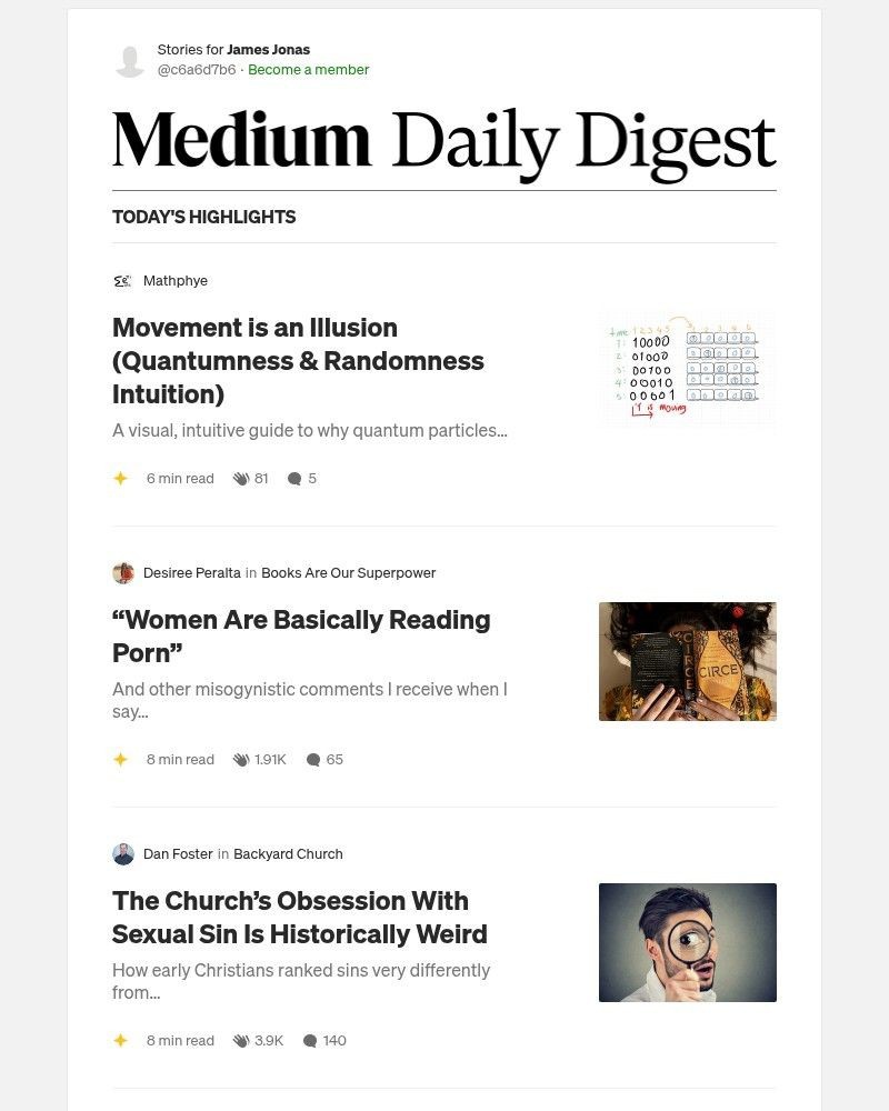 Screenshot of email sent to a Medium Registered user