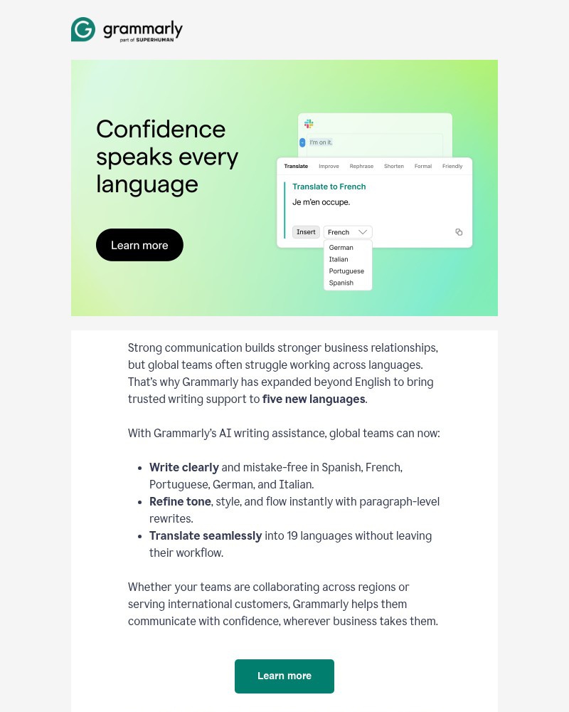 Screenshot of email sent to a Grammarly Registered user