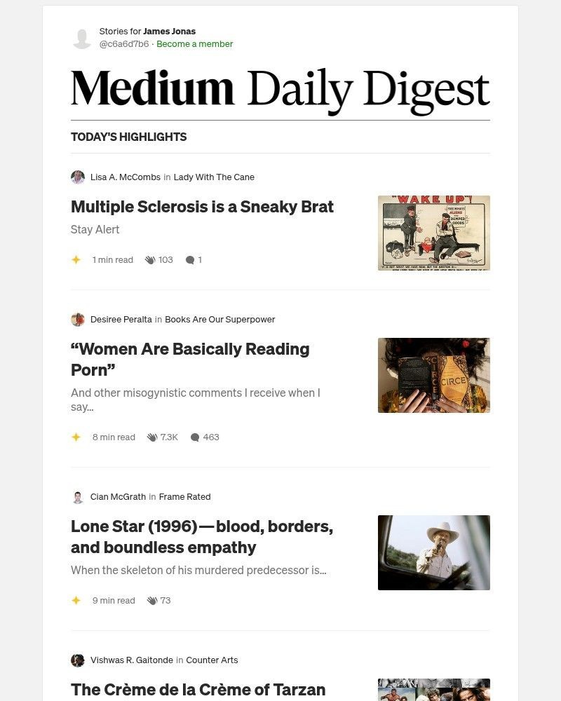 Screenshot of email sent to a Medium Registered user
