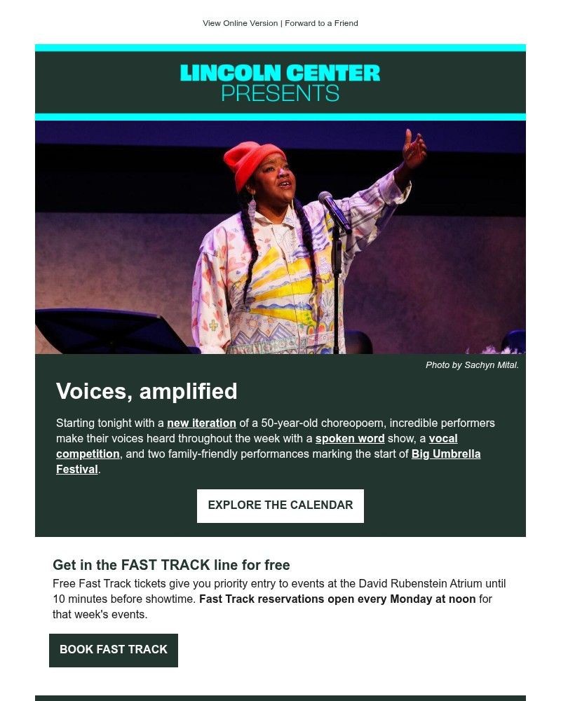 Screenshot of email sent to a Lincoln Center for the Performing Arts Newsletter subscriber