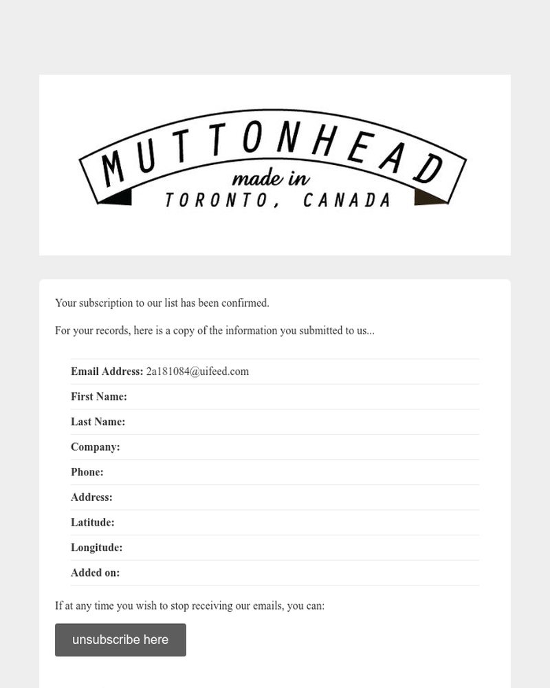 Screenshot of email sent to a Muttonhead Newsletter subscriber