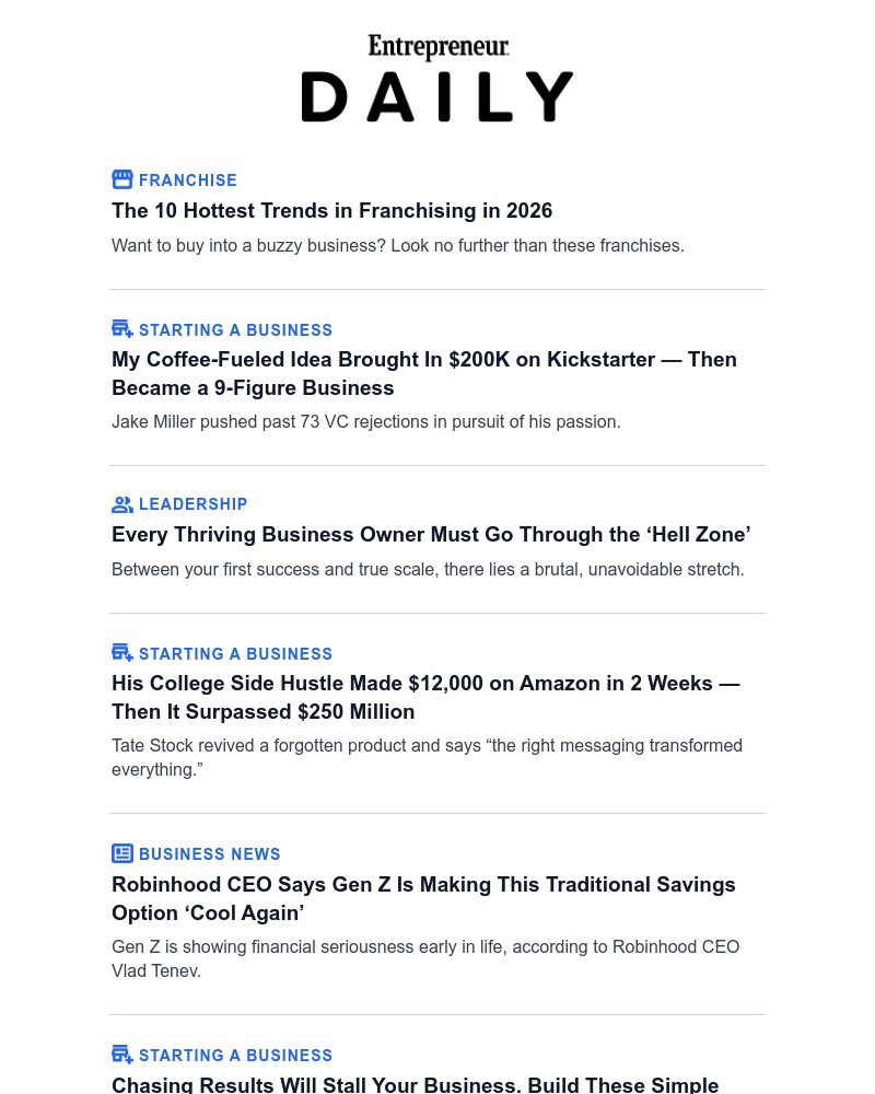 Screenshot of email sent to a Entrepreneur Newsletter subscriber