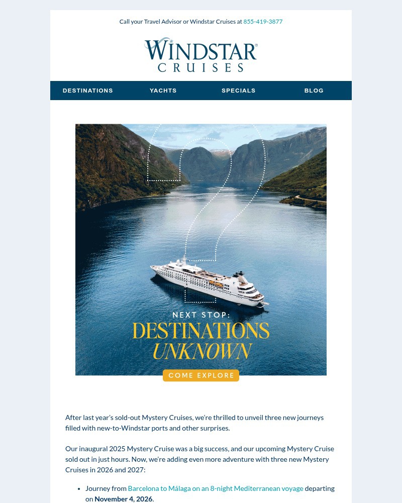 Screenshot of email sent to a Windstar Cruises Newsletter subscriber