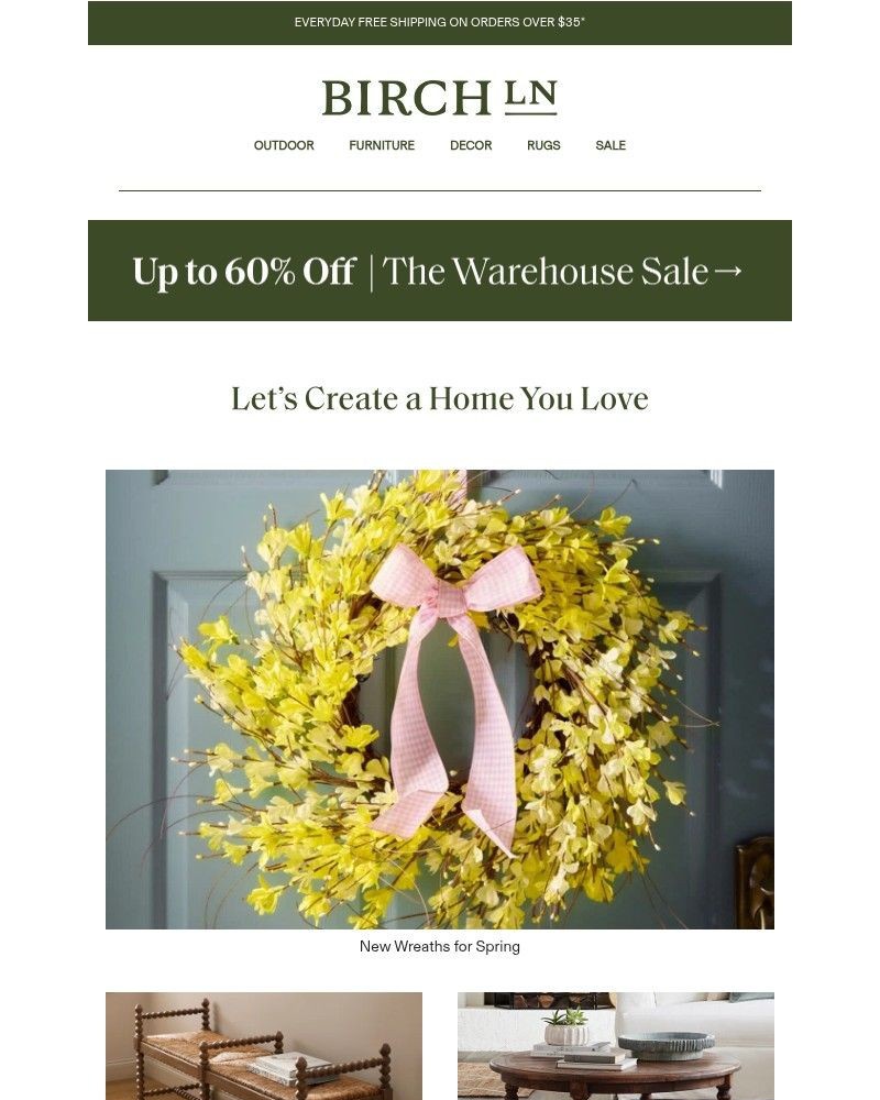 Screenshot of email sent to a Birch Lane Newsletter subscriber