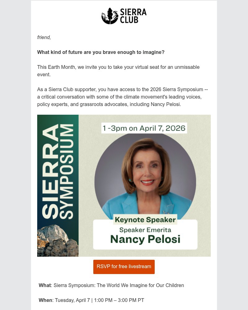 Screenshot of email sent to a Sierra Club Newsletter subscriber