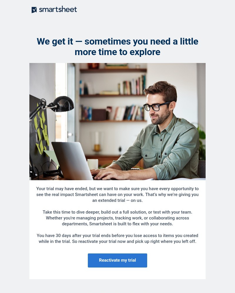 Screenshot of email sent to a Smartsheet Trial user