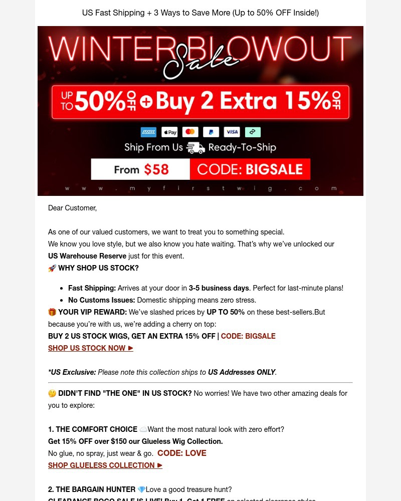 Screenshot of email sent to a My First Wig Newsletter subscriber