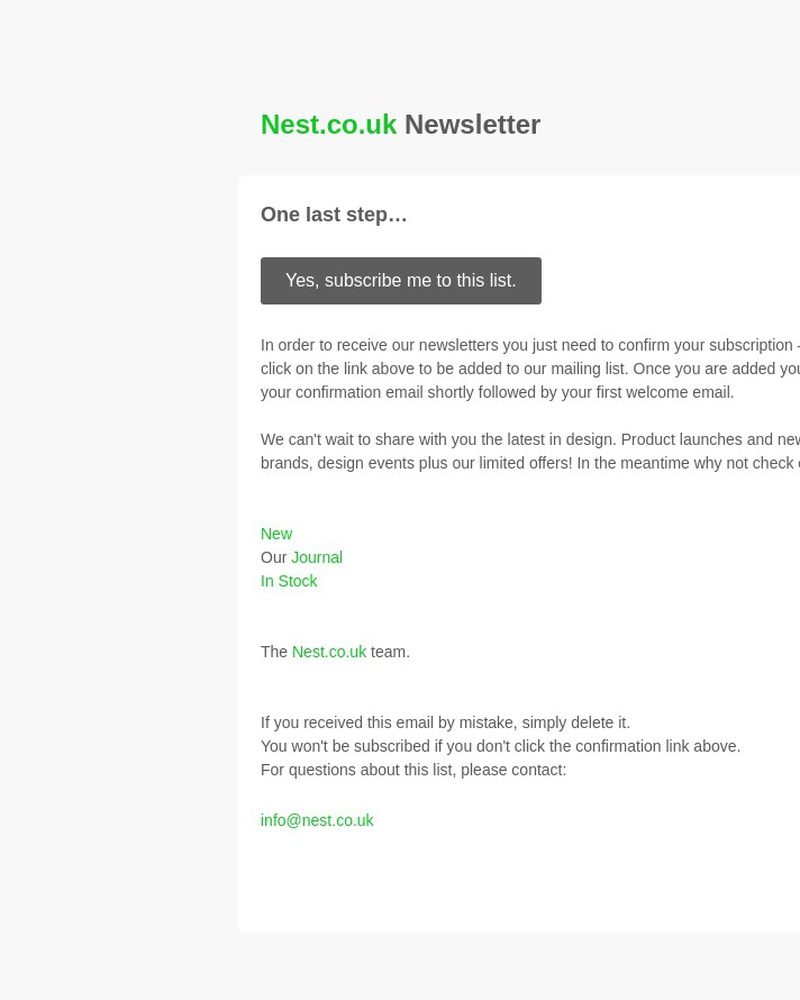 Screenshot of email sent to a Nest Furniture Cart abandoner