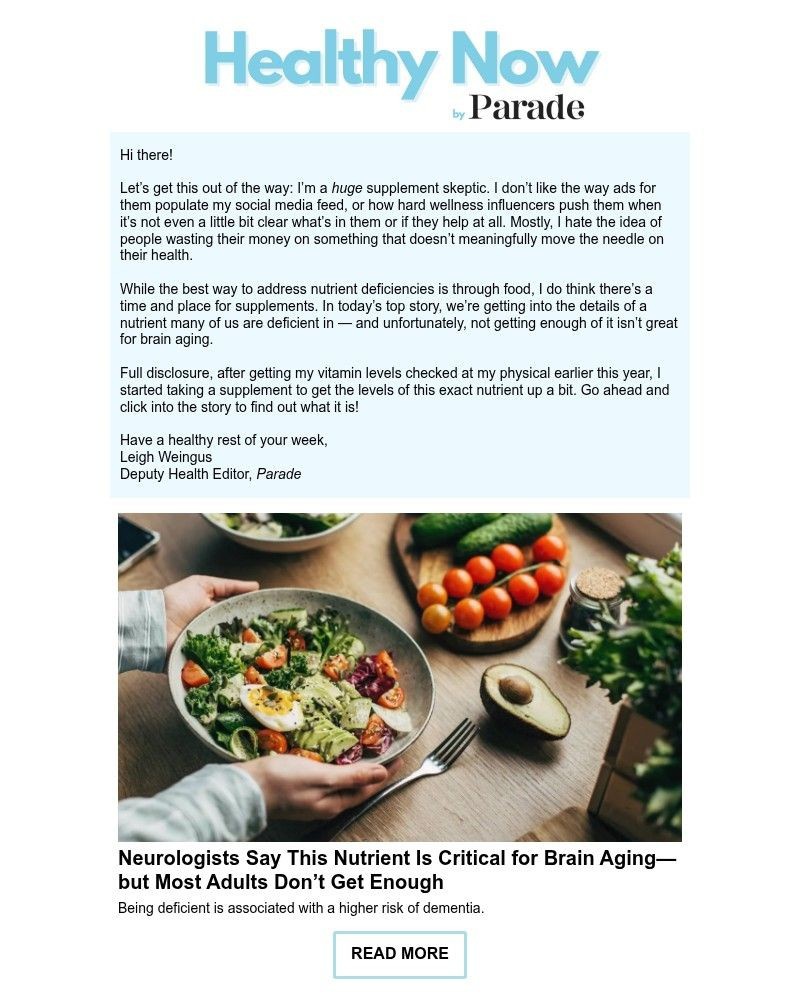 Screenshot of email sent to a Parade Newsletter subscriber