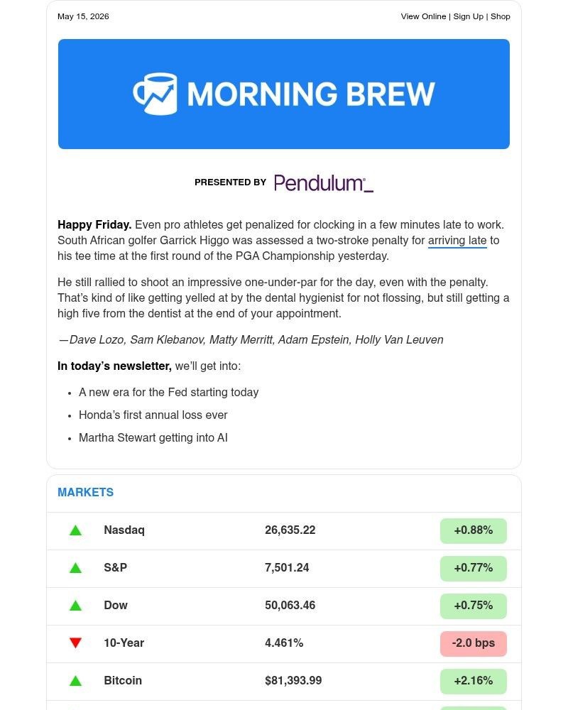 Screenshot of email sent to a Morning Brew Newsletter subscriber