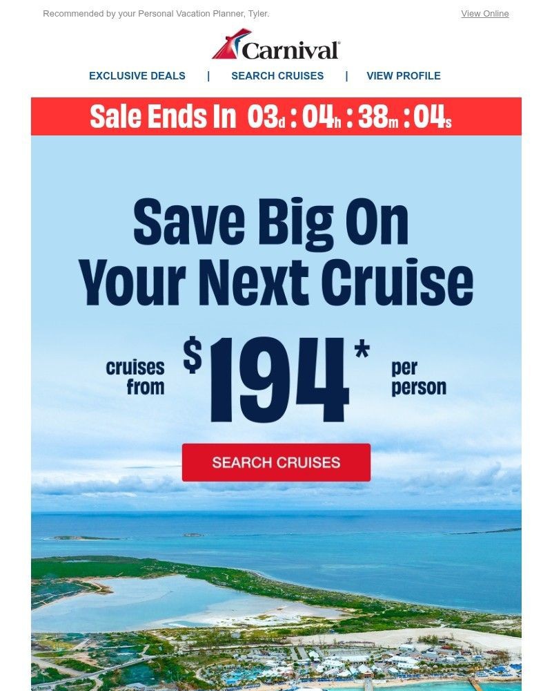 Screenshot of email sent to a Carnival Cruise Line Registered user