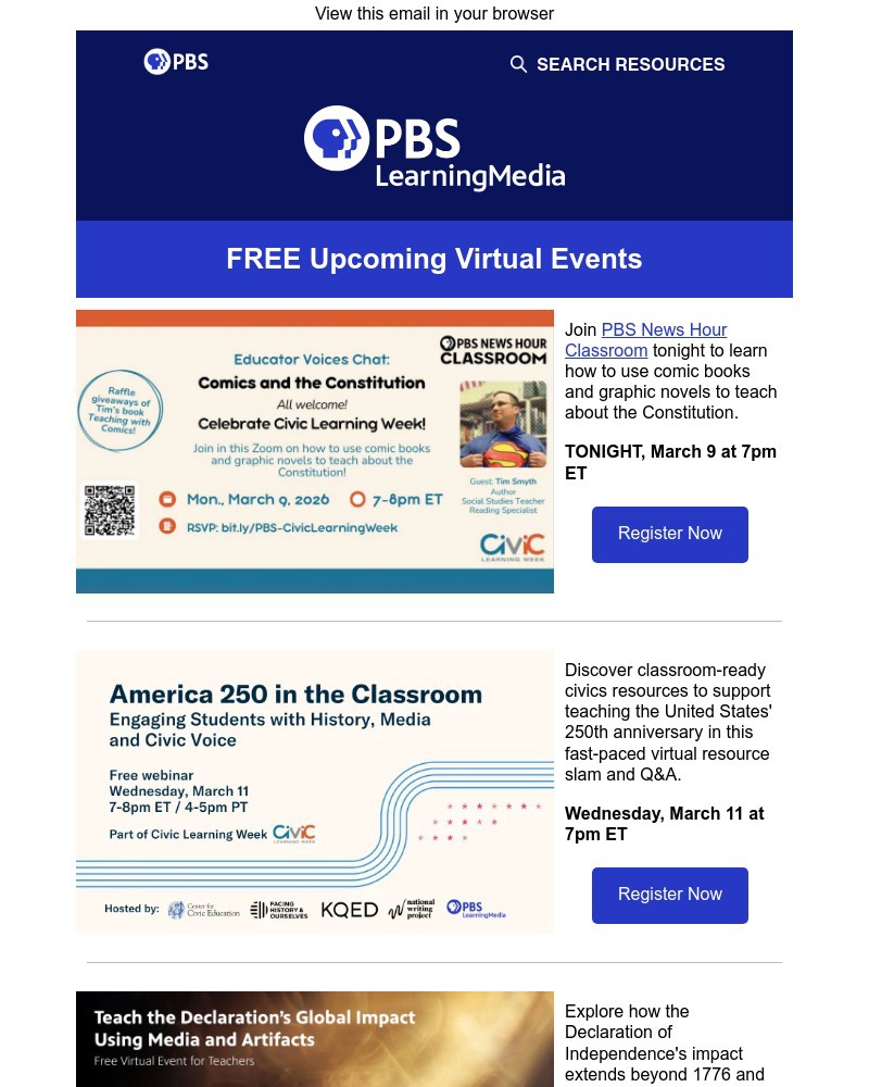Screenshot of email sent to a PBS Newsletter subscriber