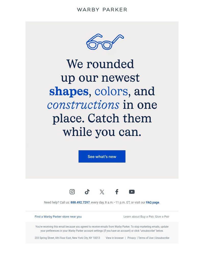 Screenshot of email sent to a Warby Parker Newsletter subscriber