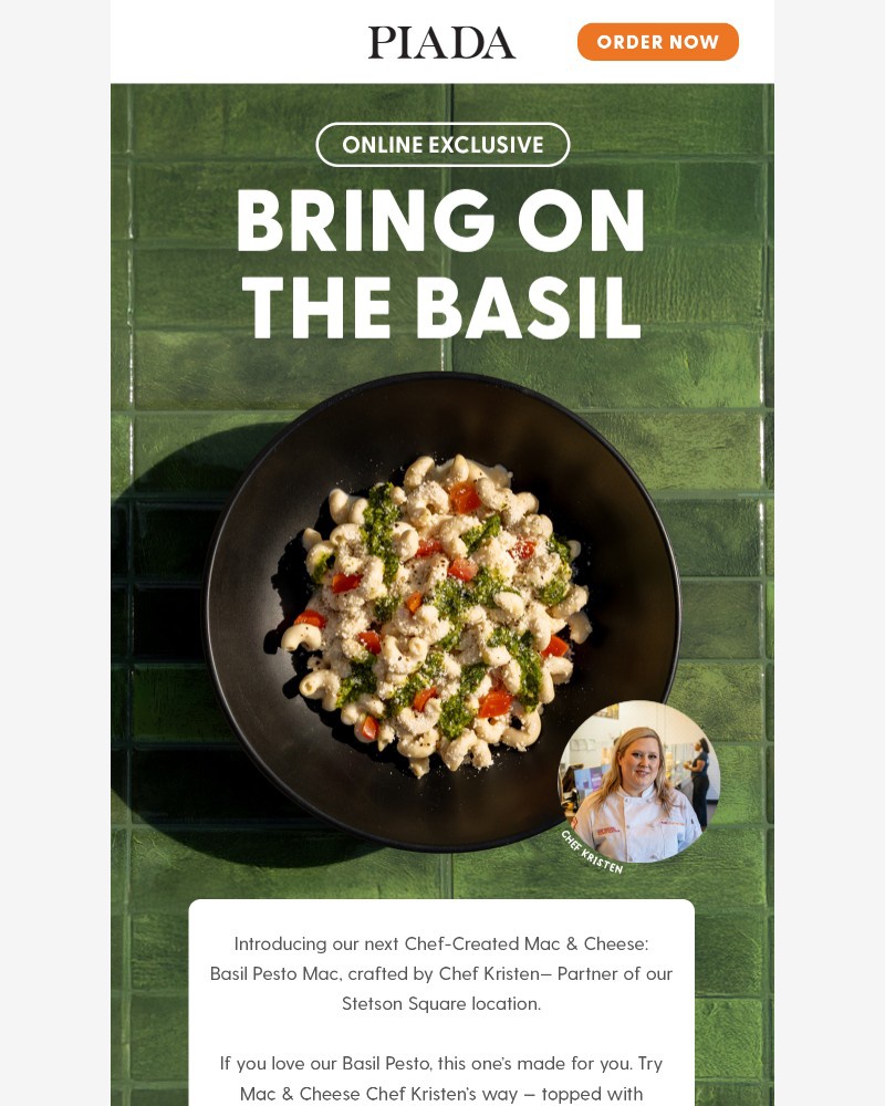 Screenshot of email sent to a Piada Italian Street Food Newsletter subscriber