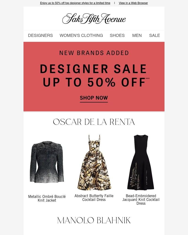 Screenshot of email sent to a Saks Fifth Avenue Newsletter subscriber