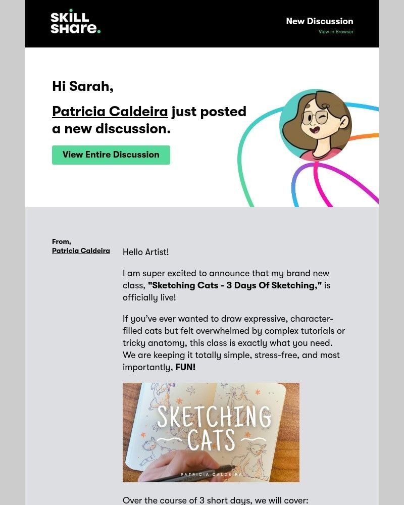 Screenshot of email sent to a Skillshare Registered user