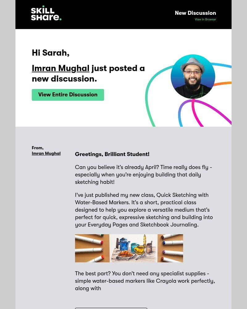 Screenshot of email sent to a Skillshare Registered user