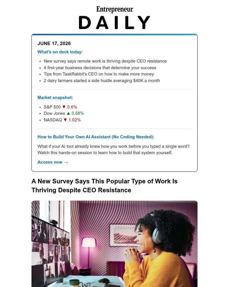 Screenshot of email sent to a Entrepreneur Newsletter subscriber