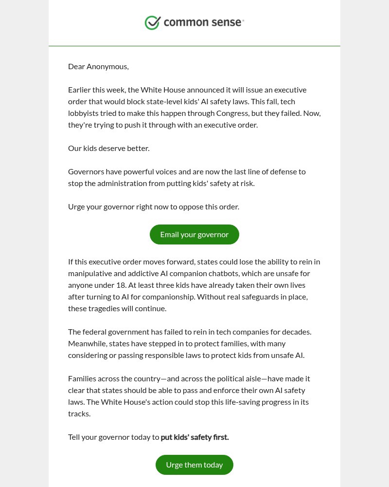 Screenshot of email sent to a Common Sense Newsletter subscriber