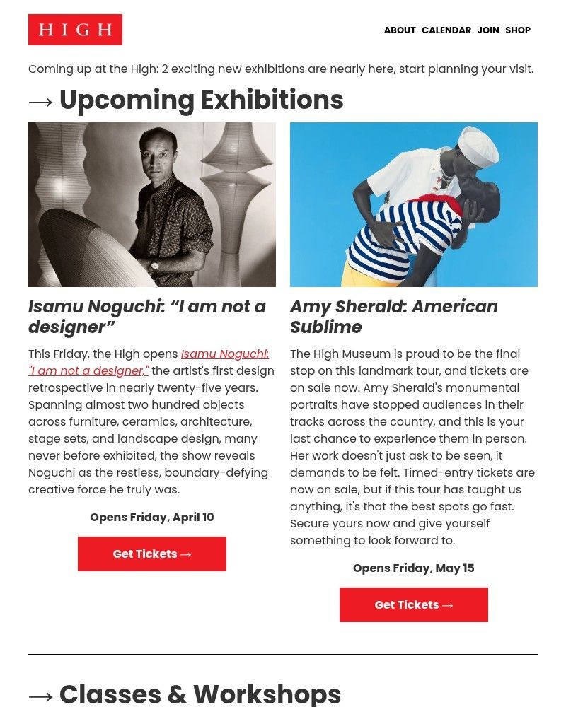 Screenshot of email sent to a High Museum of Art Newsletter subscriber