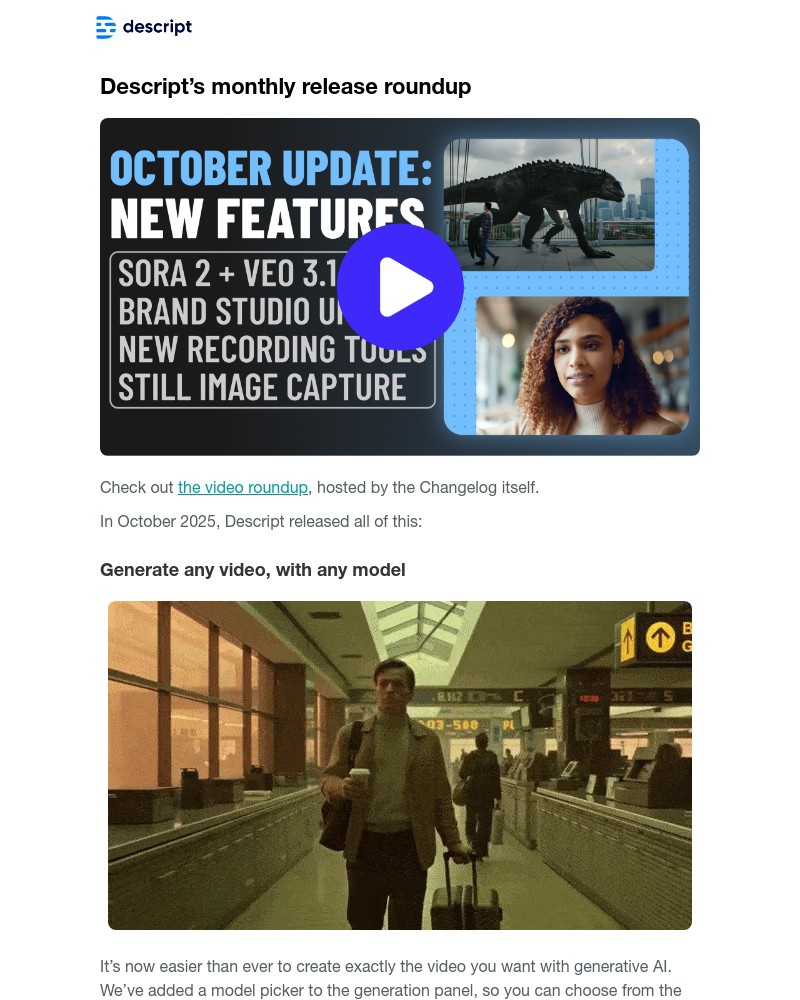 Screenshot of email sent to a Descript Registered user