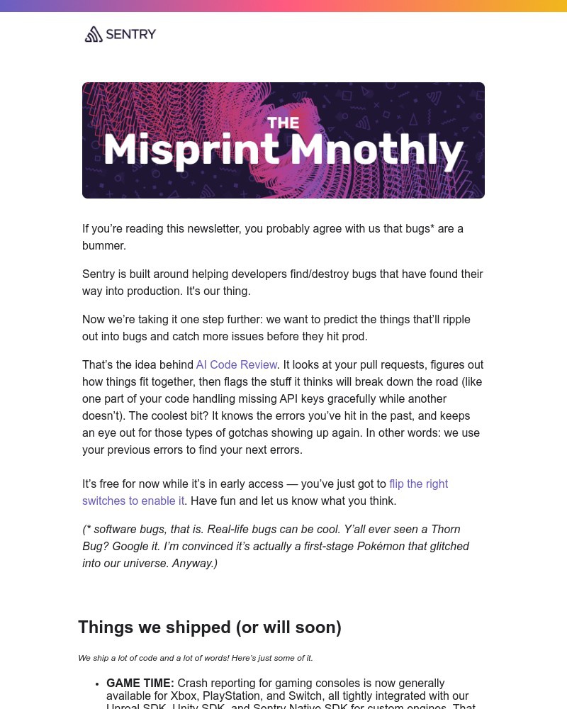 Screenshot of email sent to a Sentry Newsletter subscriber
