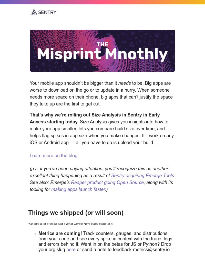 Screenshot of email sent to a Sentry Newsletter subscriber