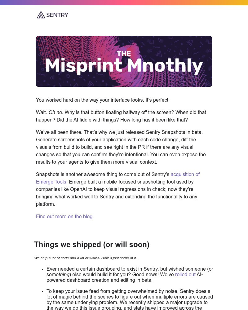 Screenshot of email sent to a Sentry Newsletter subscriber