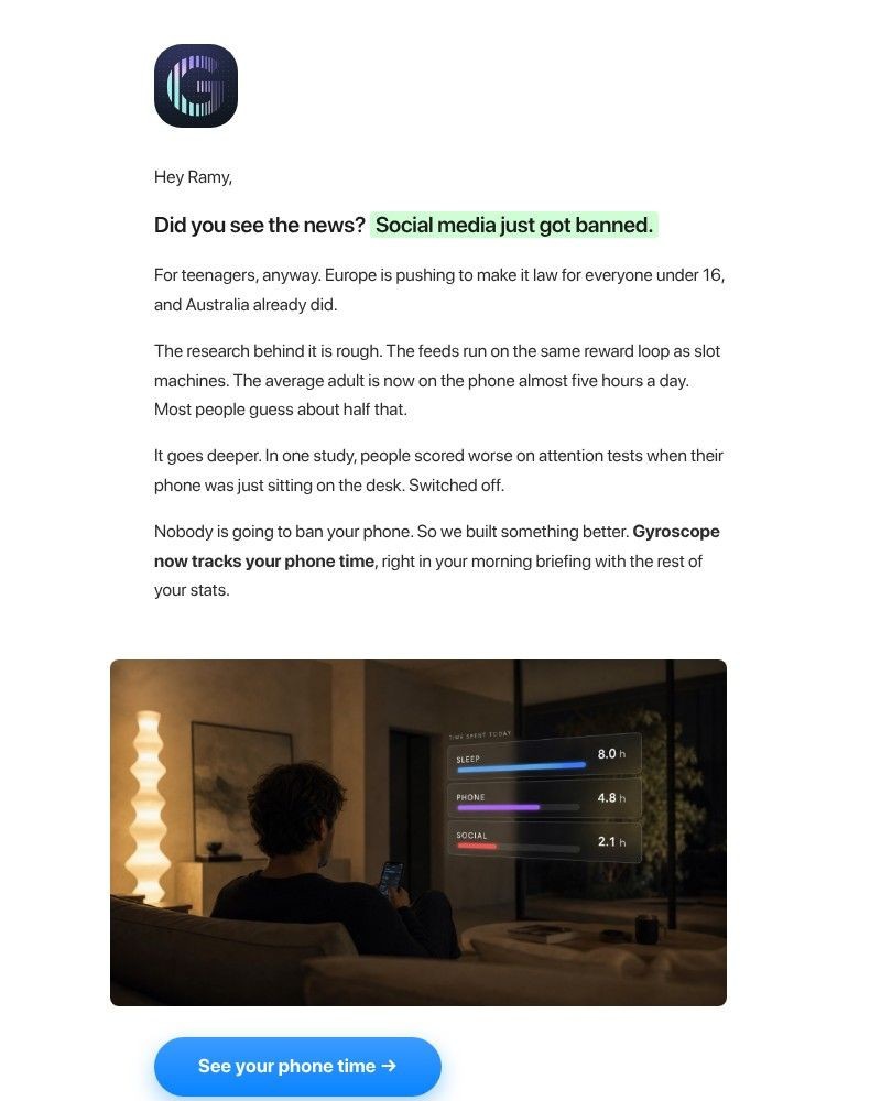 Screenshot of email sent to a Gyroscope Registered user