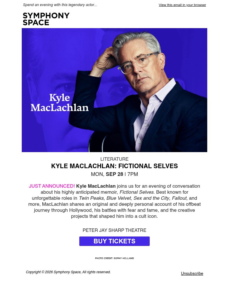 Screenshot of email sent to a Symphony Space Newsletter subscriber