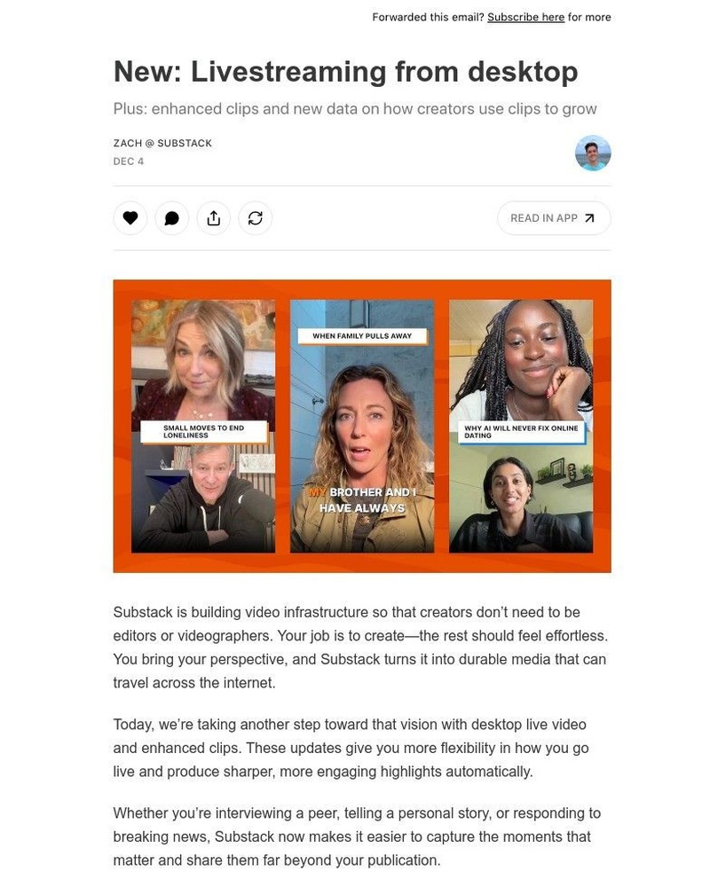 Screenshot of email sent to a Substack Registered user
