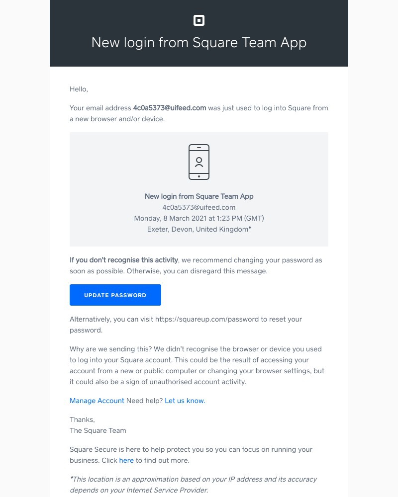 Screenshot of email sent to a Square Invited user