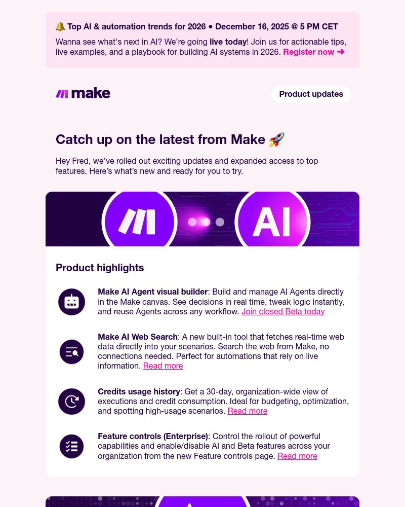 Screenshot of email sent to a Make Trial user