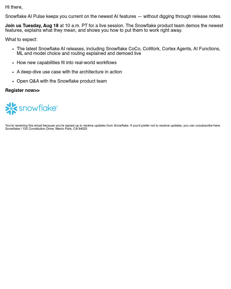 Screenshot of email sent to a Snowflake Newsletter subscriber