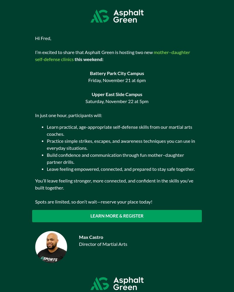 Screenshot of email sent to a Asphalt Green Newsletter subscriber