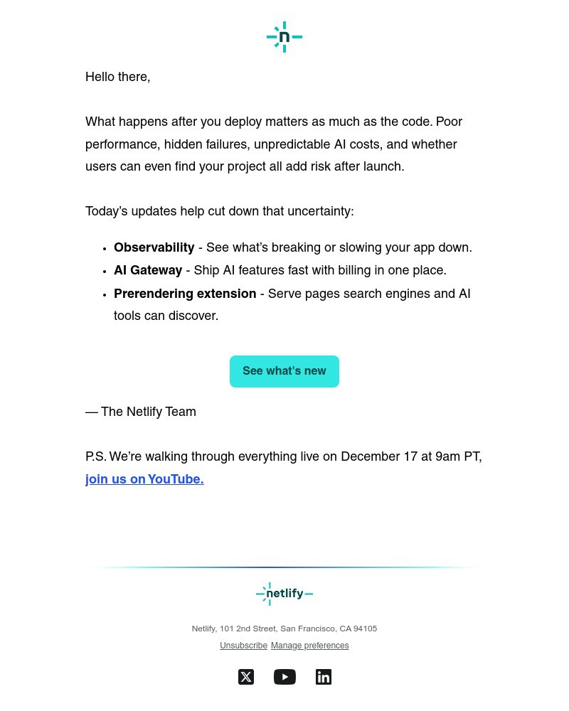 Screenshot of email sent to a Netlify Newsletter subscriber