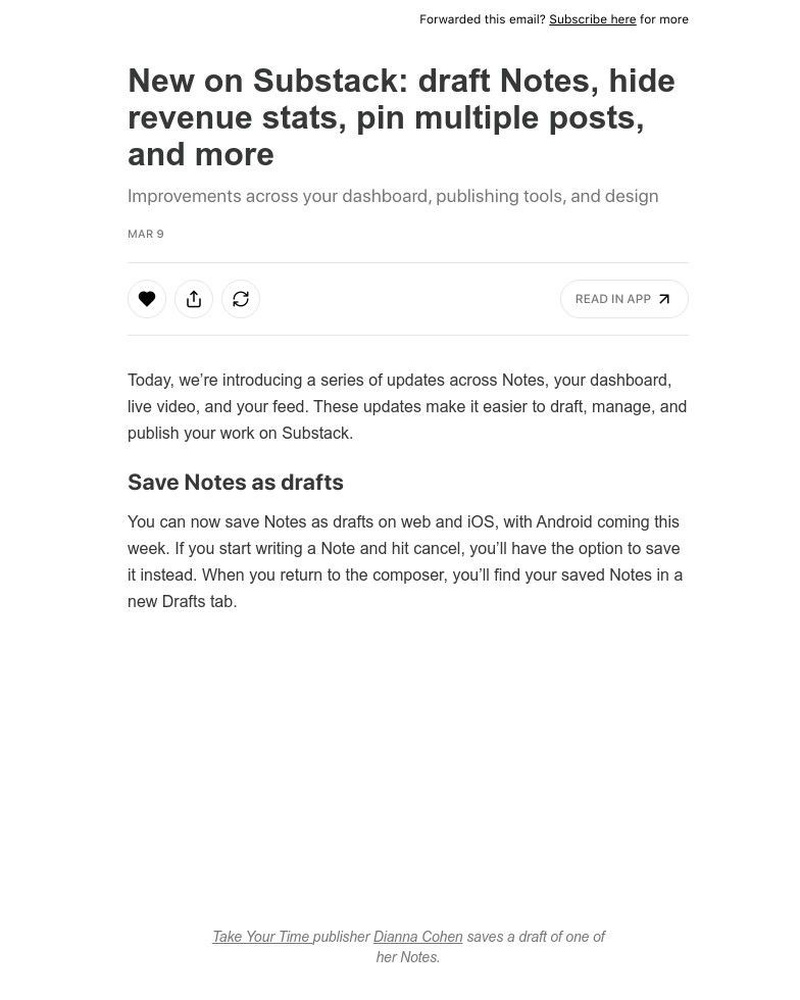 Screenshot of email with subject /media/emails/new-on-substack-draft-notes-hide-revenue-stats-pin-multiple-posts-and-more-c1b0e2_YUz1pmL.jpg