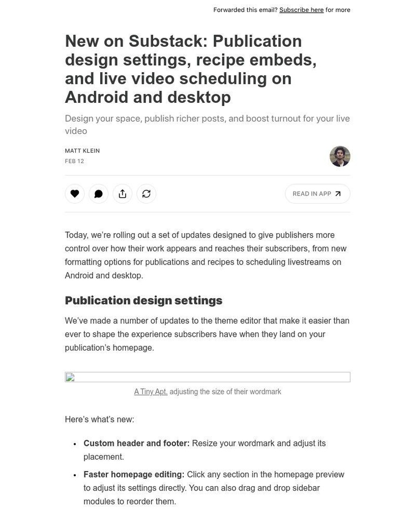 Screenshot of email with subject /media/emails/new-on-substack-publication-design-settings-recipe-embeds-and-live-video-scheduli_Dirr3Du.jpg