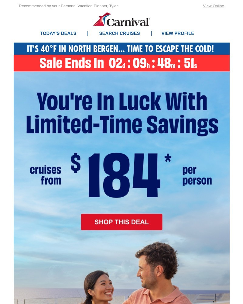 Screenshot of email sent to a Carnival Cruise Line Registered user